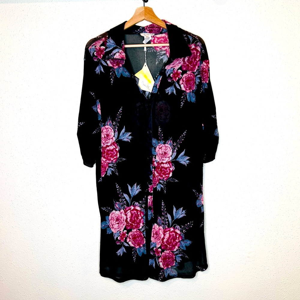 Paper Plane Black Sheer Floral Button Down Dress